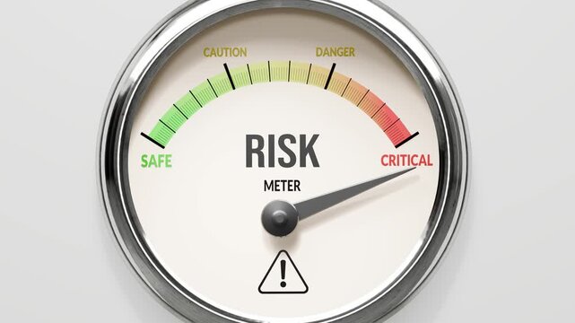 Risk - risk meter at maximum. High and rising values of risk. Meter needle reaching critical levels. Risk values off the charts. (No AI, made by humans for humans).