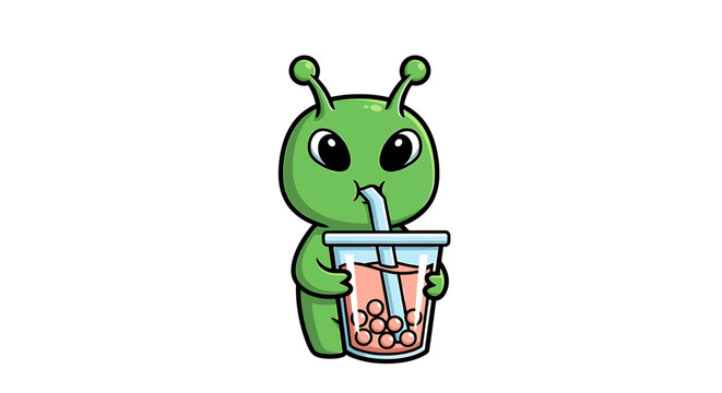 Green cartoon alien drinking bubble tea.