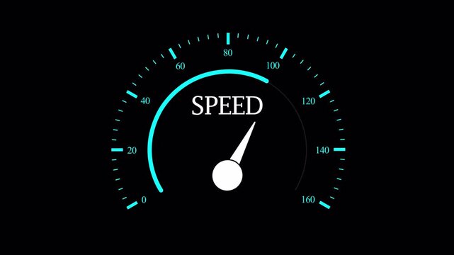 Futuristic speedometer gauge animation displaying dynamic speed levels with glowing digital markings and smooth needle movement