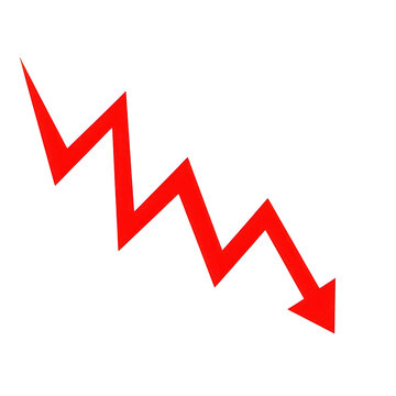 Red zigzag arrow pointing down showing decline isolated on transparent background