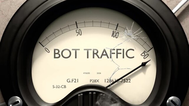 Bot traffic meter showing big levels of bot traffic. Dangerously increasing high values of bot traffic, critical overload. Too much, off the charts. Max bot traffic