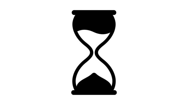 A black silhouette of an hourglass with partially emptied upper chamber on a white background