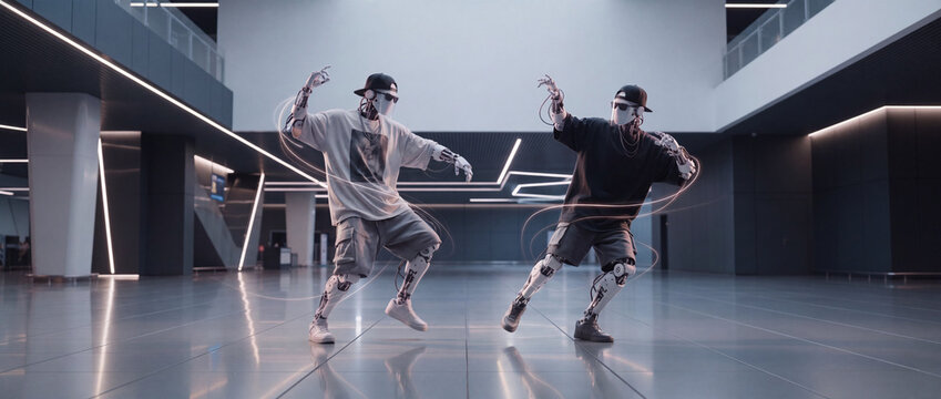Cyborg dancers performing street dance in hall with glowing light trails and oversized streetwear, ideal for future technology visuals, urban youth culture, and sci-fi media