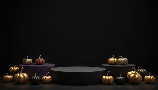 Golden pumpkins arranged around dark circular display pedestals against a simple deep black studio background