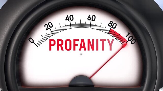 Profanity meter that is hitting a full scale, increasing and high levels of profanity, potential overload. Maximum profanity value, off the charts.