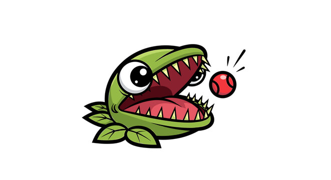 Venus flytrap character chasing a red ball.