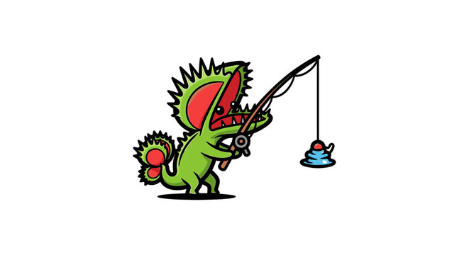 Venus flytrap character fishing with a rod.