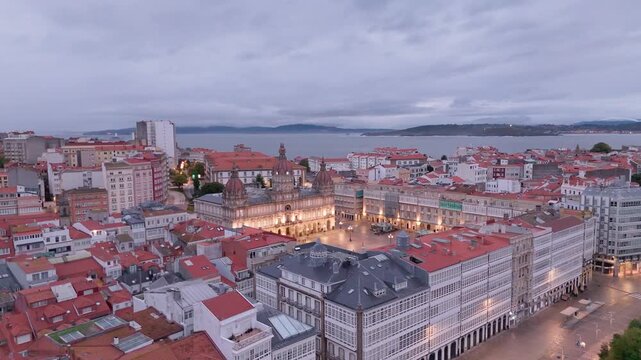 Aerial view of a coruna city hall square at twilight