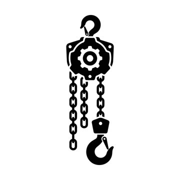 Minimalist Black and White of a Hook Block with Gear and Chain Hoist Mechanism with high quality professional line art symbols for modern creative design and digital branding projects