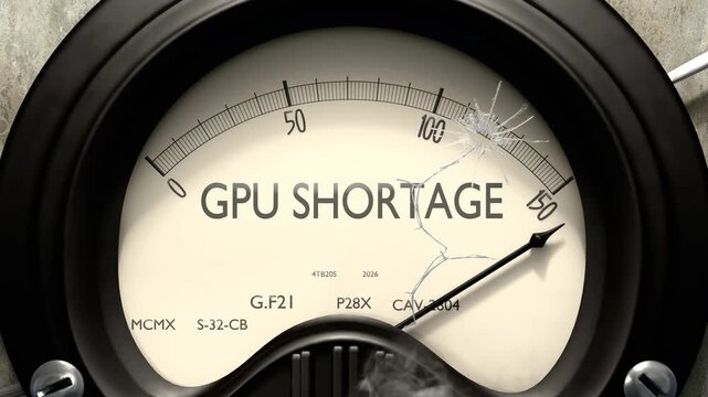 Gpu shortage meter showing big levels of gpu shortage. Dangerously increasing high values of gpu shortage, critical overload. Too much, off the charts. Max gpu shortage