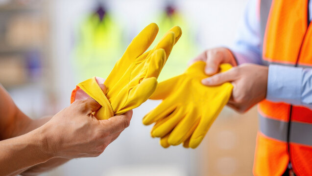 Worker handing yellow safety gloves to colleague, showing protective gear and workplace safety. Bright yellow gloves and hi-vis vest emphasize protection and readiness.