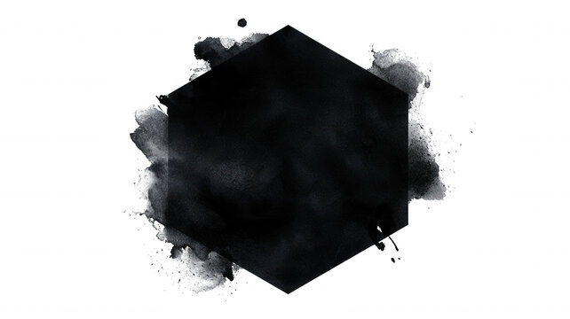 Black watercolor hexagon frame with grunge ink texture on transparent background for creative graphic design