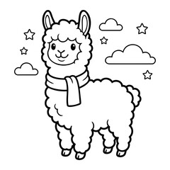 Naklejka premium A delightful coloring page featuring a charming alpaca surrounded by fluffy clouds and twinkling stars
