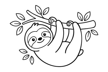 Naklejka premium A delightful coloring page featuring a cute sloth hanging from a tree branch with lush leaves