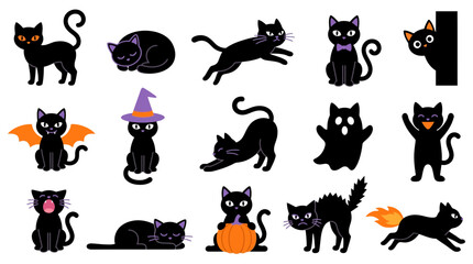 Naklejka premium Cute Halloween Black Cat Vector Illustrations Set