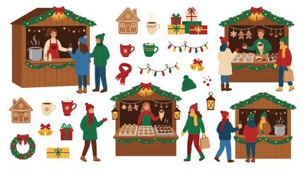 Naklejka premium Christmas Market Stall Illustration Set with Festive Vendors, Holiday Decorations, Wreaths, Gifts, Ornaments, Food Stalls, and Seasonal Shopping Elements