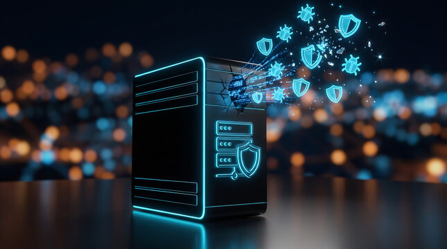 cybersecurity data breach concept with server mainframe under virus attack malware bugs breaking through digital shield protection in high tech network database system