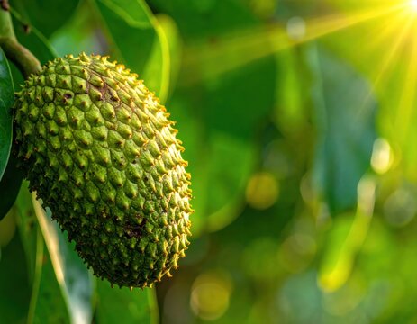Close up of green soursop fruit on tree.