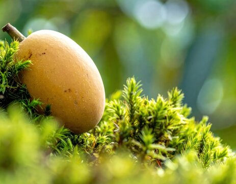 Brown sapodilla fruit resting on green moss in garden.