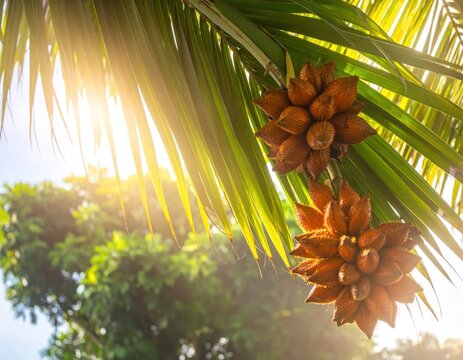 Bunches of snake fruit hanging from palm tree.