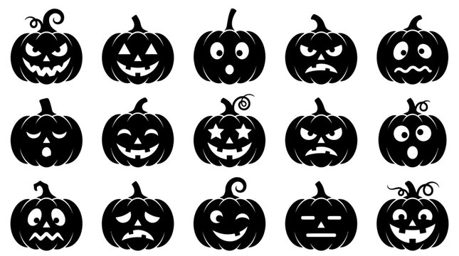 Halloween Jack-o'-lantern Silhouettes Set with Diverse Facial Expressions