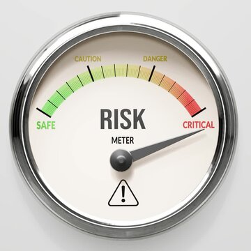 Risk - risk meter at maximum. High and rising values of risk. Meter needle reaching critical levels. Risk values off the charts. (No AI, made by humans for humans).