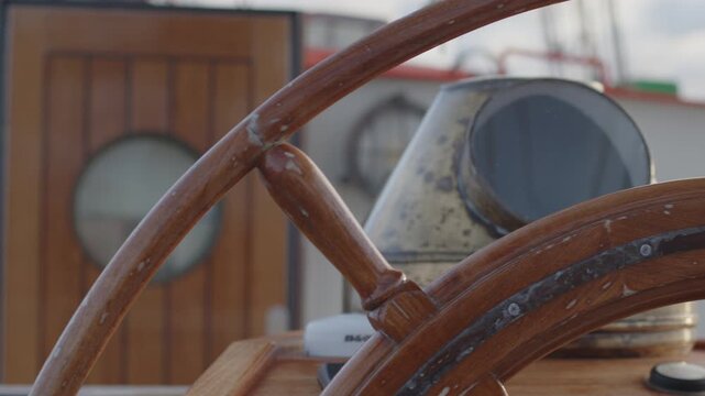 Sailing boat moves in the Atlantic Ocean, details of the vessel