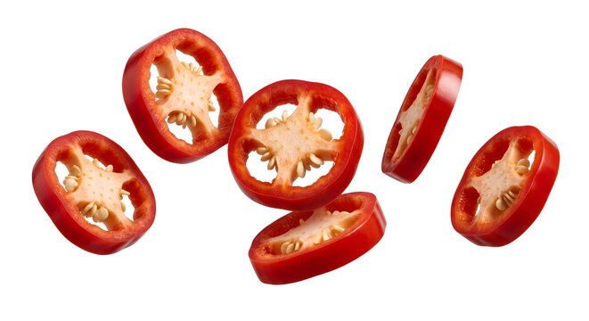 Levitating red hot chili pepper ring slices
