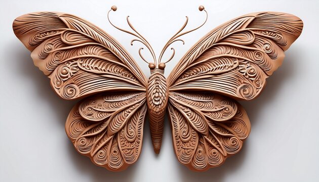 earthy clay butterfly sculpture with detailed wing veins and antennae isolated on white background