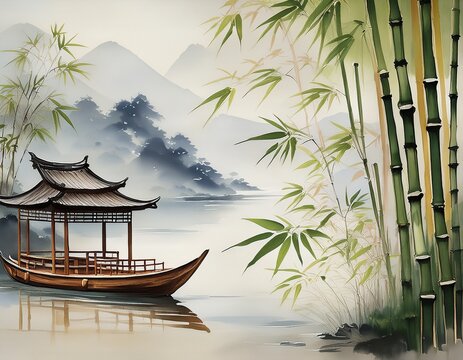 chinese ink wash painting of boat pavilion and bamboo by water