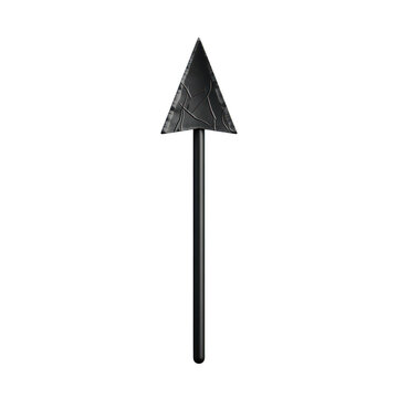 Black stone arrowhead attached to a wooden spear shaft isolated on transparent background