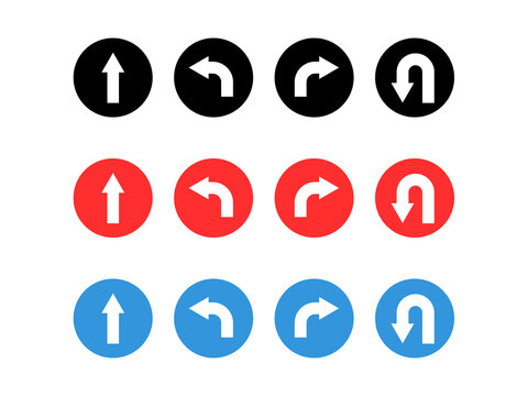 Go Straight This Way One Way Only U Turn Left and Right Black and White Arrow Round Circle Traffic Sign Direction Icon Set. Vector Image.