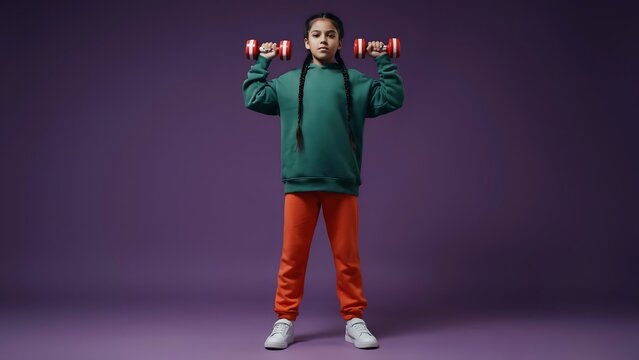 Girl lifting red dumbbells in athletic pose