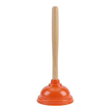 Orange rubber toilet plunger with a wooden handle isolated on transparent background