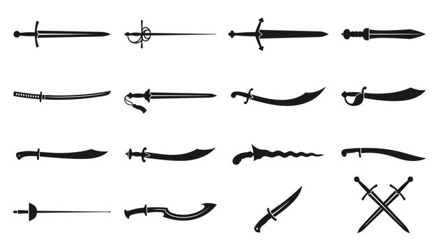Swords Set, Various Styles and Shapes, Flat Vector Icons Featuring Blades