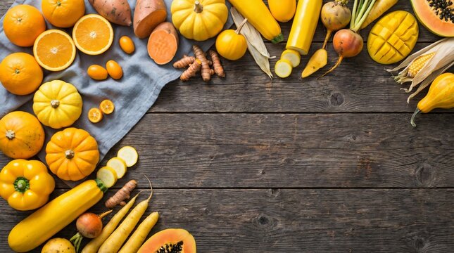 Top View Organic Produce Frame Layout with Oranges, Kumquats, and Squash Leaving Blank Space for Text on Wooden Surface