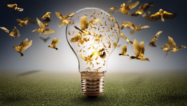 broken light bulb releasing golden birds upward