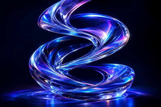 Abstract flowing glass sculpture with vibrant blue and purple neon lighting against a dark black background