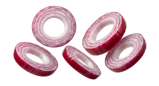 Levitating red onion rings on transparent background