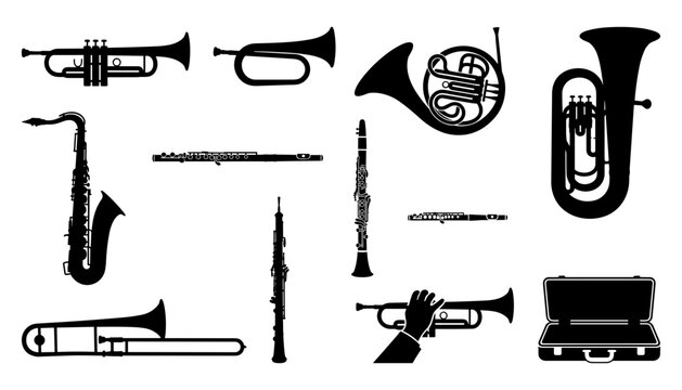 Various Musical Instruments Set, Including Trumpets, Horns, Saxophones