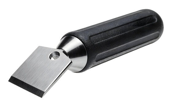 Handheld deburring tool for metal finishing and edge smoothing isolated on white background.