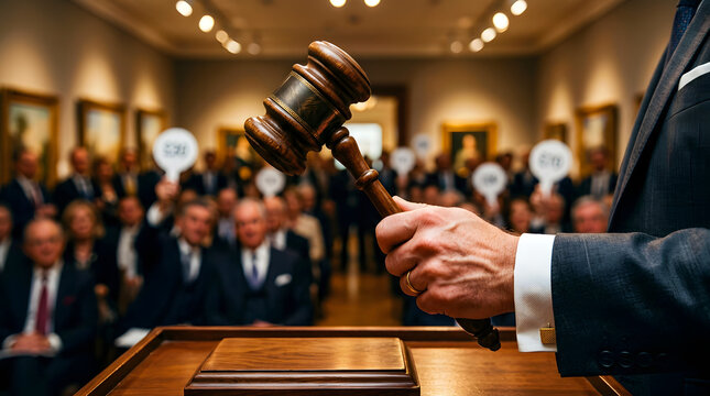 Professional auctioneer bringing down wooden gavel striking podium during live art auction with blurred elegant bidders in an upscale gallery environment