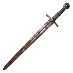 Fototapeta premium Ancient Medieval Rusty Sword With Worn Leather Handle Isolated On Transparent Background High Quality Close Up Cutout