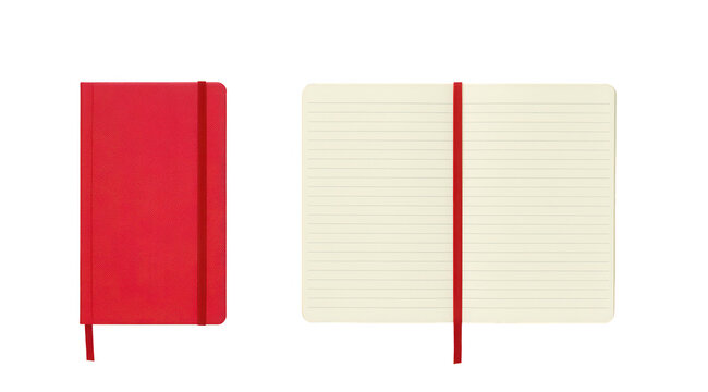 Red notebook closed and open with elastic band isolated on white background