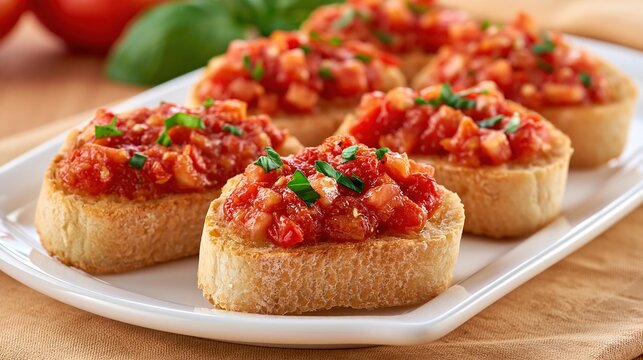 Fresh Tomato Bruschetta Appetizer on Toasted Bread Slices with Basil Garnish