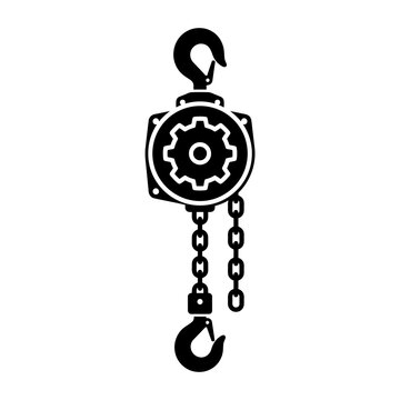 Minimalist Black and White of a Chain Hoist with Gear and Hook for Industrial Use with high quality professional line art symbols for modern creative design and digital branding projects