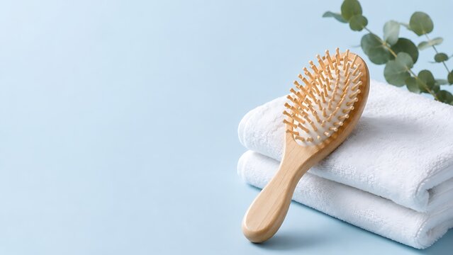 Wooden hair brush resting on a stack of soft white towels with eucalyptus leaves on blue background