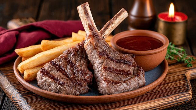 Gourmet Grilled Lamb Chops with French Fries and Barbecue Sauce, Served on a Rustic Wooden Table with Candlelight