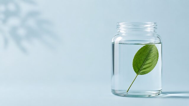 A single green leaf floating inside a clear glass bottle against a soft light blue background