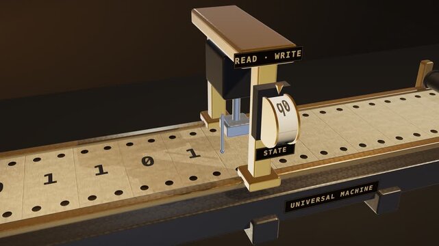 Vintage mechanical computer stamps binary code onto punched paper tape, brass read-write head, seamless loop.